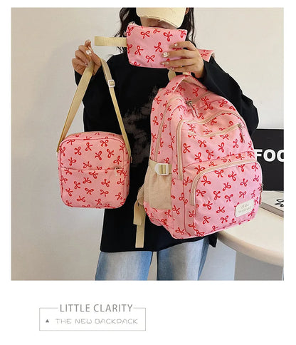 3 Pcs/Set Cute girl Large Capacity Backpack Bow Print Nylon Schoolbag Adjustable Strap Women daily Campus Backpack