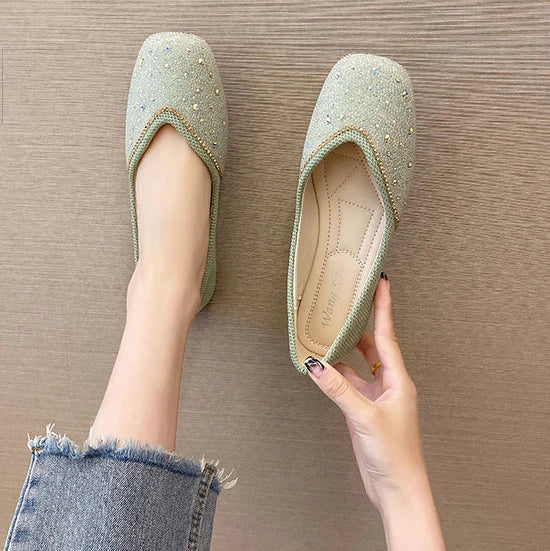 Shoes for Woman 2025 Diamond Flats Women's Summer Footwear Flat Square Toe Pink with Crystals Rhinestone Office 39 Beau Today E