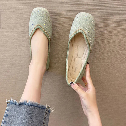 Shoes for Woman 2025 Diamond Flats Women's Summer Footwear Flat Square Toe Pink with Crystals Rhinestone Office 39 Beau Today E