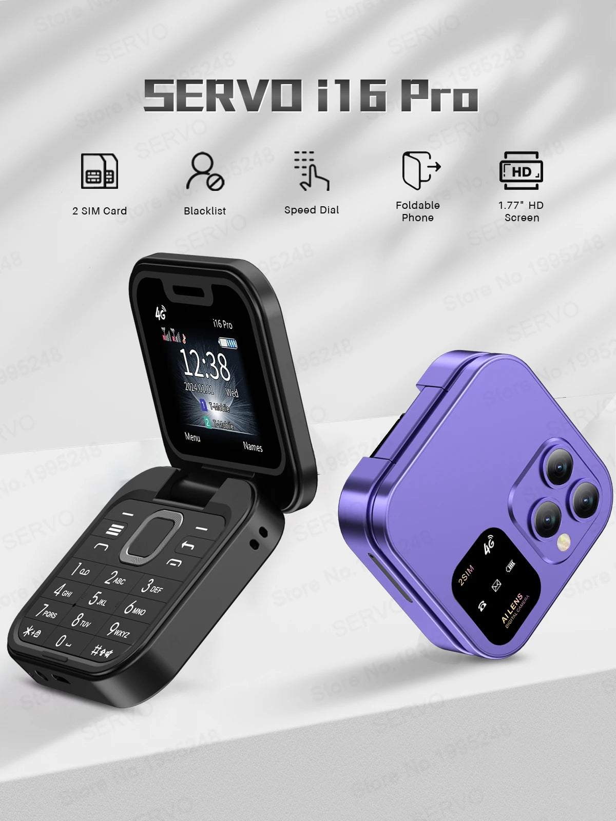 SERVO i16 PRO 4G LTE Mini Flip Mobile Phone Dual SIM Standby Call Recording Speed Dial FM Radio 1.77" Screen Foldable Cellphones