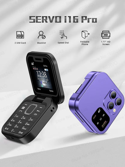SERVO i16 PRO 4G LTE Mini Flip Mobile Phone Dual SIM Standby Call Recording Speed Dial FM Radio 1.77" Screen Foldable Cellphones