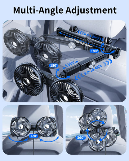 Eary Car Dual Head Fan Mount Back Seat With 3 Wind Speeds 360 Multi-Angle Adjustable Summer Air Cooling Fan With 2 Hidden Hooks