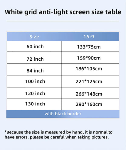 VEIDADZ Projector Screen White Grid Anti-Light 160°Viewing Angle 60 84 100 120 130inch Black Border Metal Hook Reflective Screen