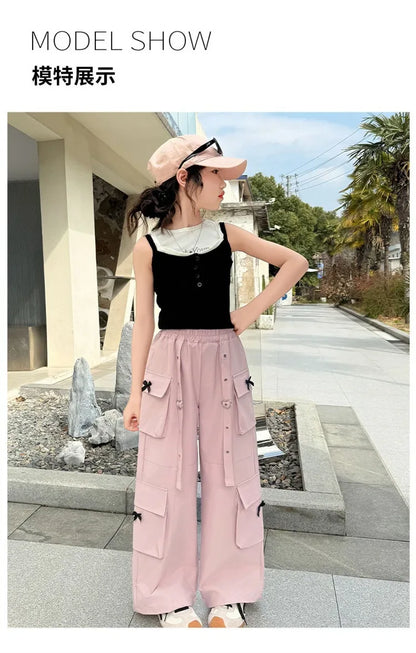 Kids Cargo Pants with Side Pocket for Tweens Girl High Fashion Hip Hop Bow Trousers Child Street  Pink Black Trackpants Hot Sell