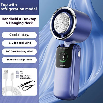 5-Speed Strong Cooling Mini Fan, Foldable & Neck Hanging - 9H Long Battery, Powerful Wind with LED for Office Outdoor Travel