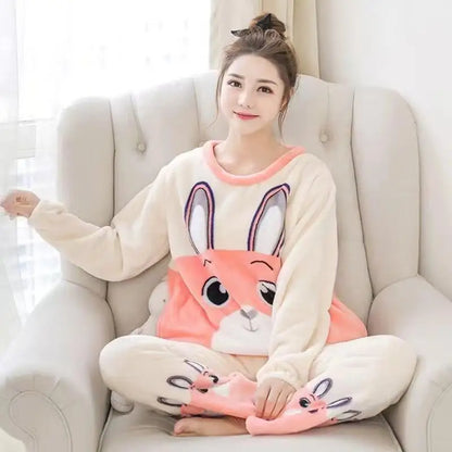 Women Pajamas Autumn Winter Flannel Warm Woman Sleepwear Korean cute Cartoon Pajama Set Fashion Pijama Mujer Home Cloth Pyjamas