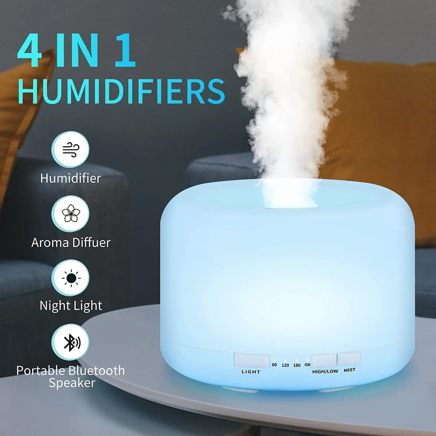 Ultrasonic Cool Mist Humidifier, Aroma Essential Oil Diffuser 7 Color Night Light with Bluetooth Music Speaker, Auto Shut Off