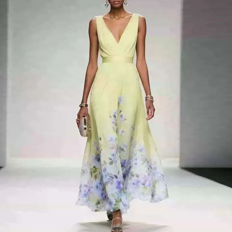 New Fashion Party Dresses Deep V Neck Floral Printing Ruffle Sleeveless A Line Beach Dress High Waisted Summer Sexy Womens Dress