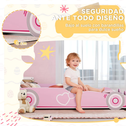 Aiyaplay Children's Bed 70X140 cm with Anti-Fall Barrier and Pink Car-Shaped Headboard Base