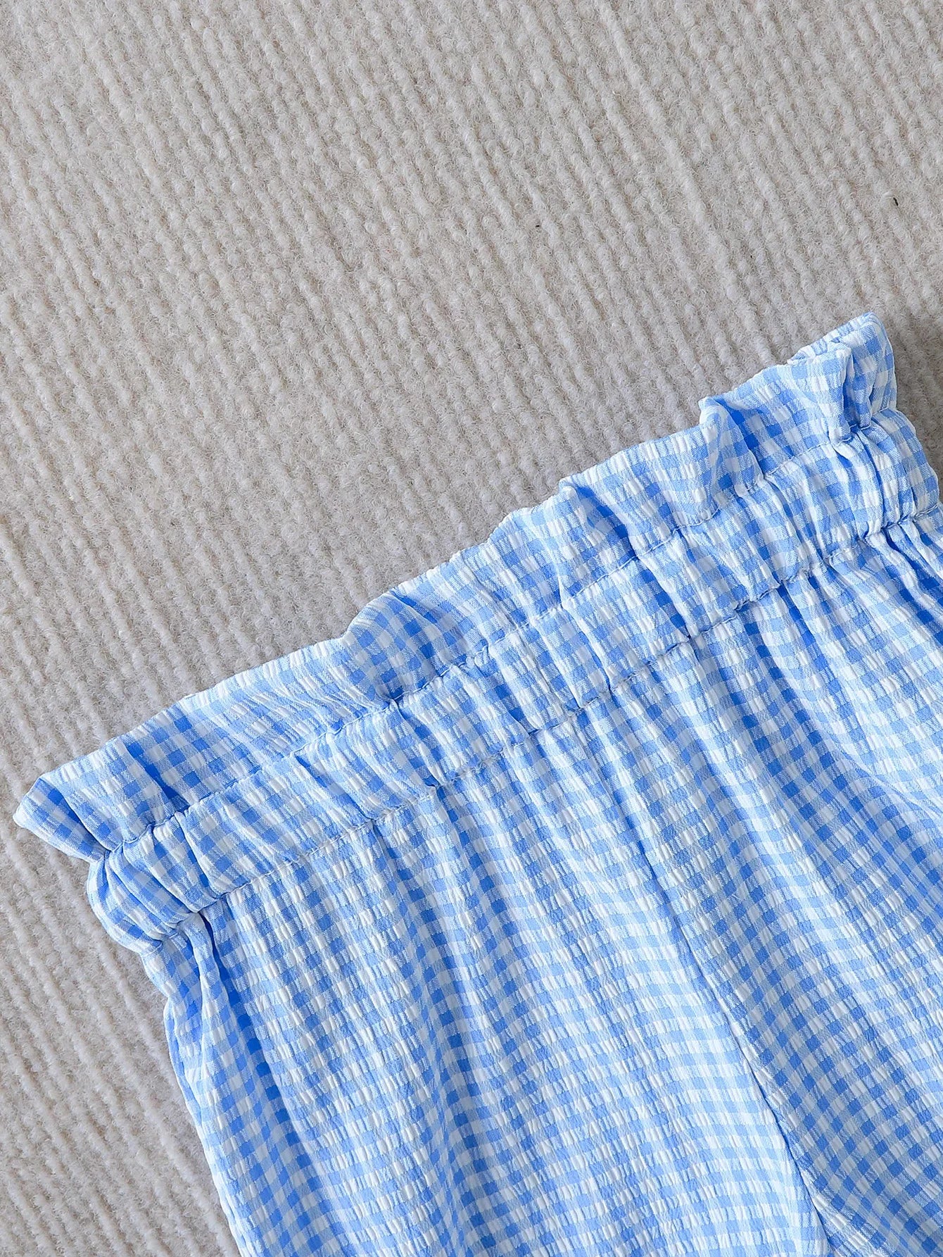 Summer Baby Girls 2Pcs Set 9-12M Blue Gingham Cherry Embroidered Ruffle Top & Bloomers  Infant Casual Daily Wear
