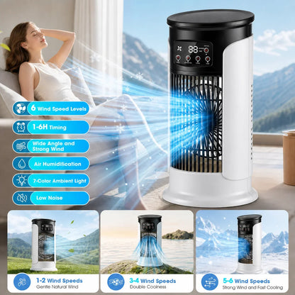 Portable Air Conditioner Fan 6 Speeds Misting Humidifier USB Desktop Cooler LED Display Timer Home Office Personal Summer
