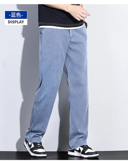 2024 Summer Jeans for Men Thin Soft Lyocell Fabric Loose Straight Wide Leg Pants Elastic Waist Casual Trousers Plus Size M-5XL