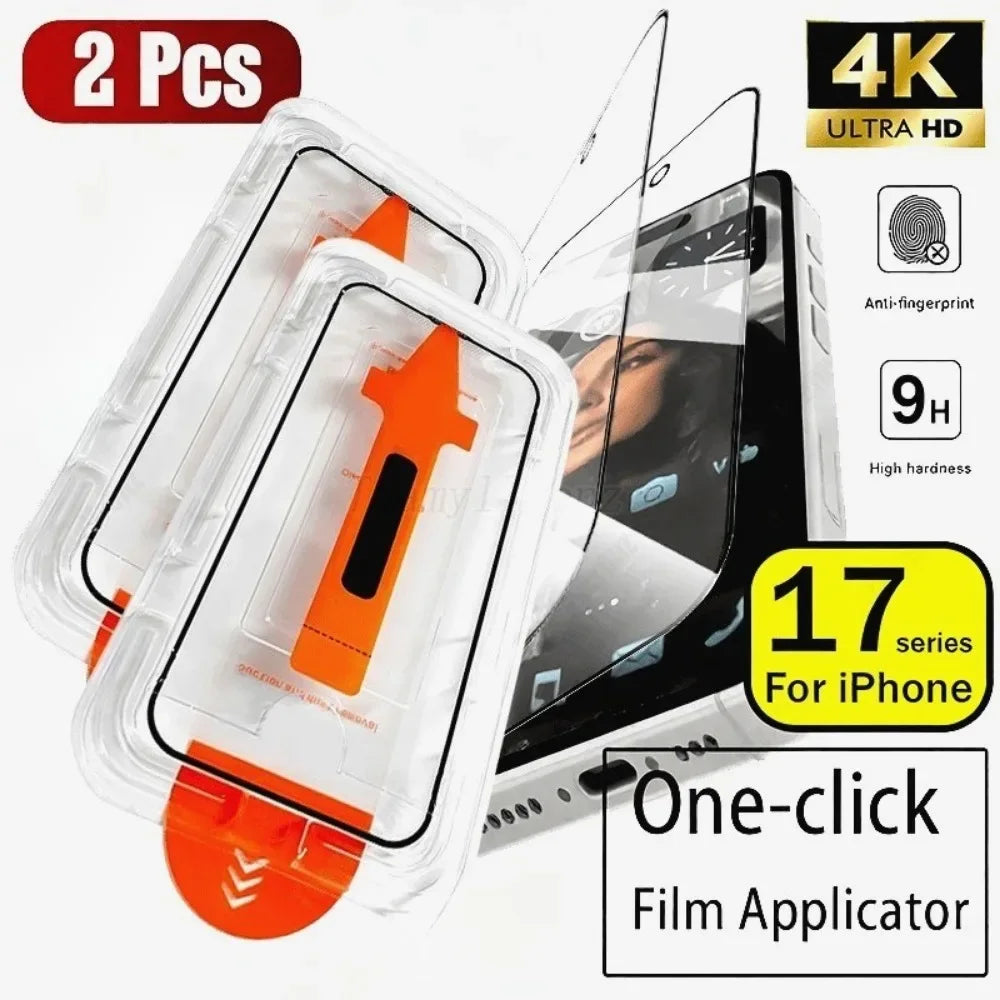 2Pcs Ultra HD Tempered Glass For iPhone 17 16 15 14 13 Pro Max Air 16e 12 11 Pro 15 14 Plus XS XR One Click Easy Install Glass