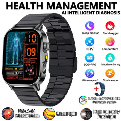2026 New Model Uric Acid & Lipid Health Analysis Smart Watch Men ECG+PPG Bluetooth Call 2.01-inch Flashlight Smartwatch Women