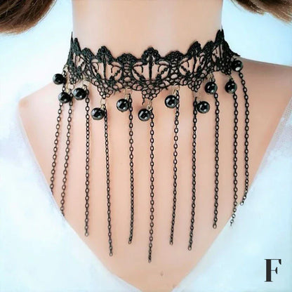 Gothic Victorian Black Lace Necklace Women Girl Boho Crystal Tassel Sexy Lace Choker Steampunk Dark Loli Style Halloween Jewelry