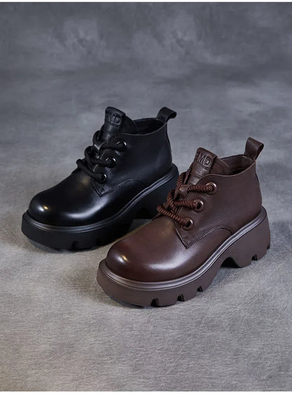 DRKANOL Luxury Design Genuine Leather Ankle Boots For Women Platform Casual Short Boots Women Winter Thick High Heel Warm Shoes