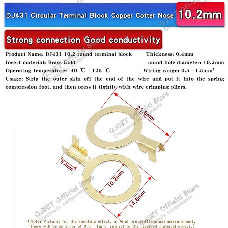 100PCS Circular Terminal Blocks DJ431 O-ring lugs Cold pressed connectors Copper lugs Terminal blocks Open ended bare ends 6.3mm