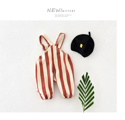 2026 Autumn New Stripe Infant Newborn Clothing Baby Boys Girl Straps Pants Overalls for 0-2Y Cartoon Bear One Piece Jumpsuit