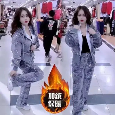 Fashion Pink Casual Suit for Women Autumn Winter New Gold Velvet Sequins Pearl Embroidery Sweatshirt Sports Pants Two-Piece Sets