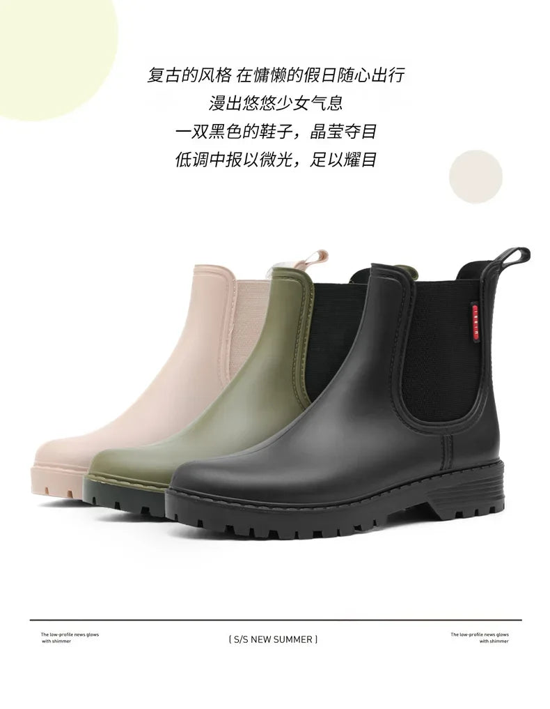 Women's short tube anti slip rain shoes, lightweight waterproof water shoes, fashionable Chelsea rain boots, PVC one-time moldin