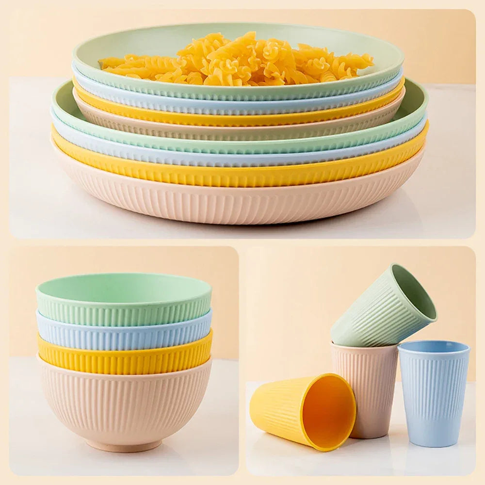 Colourful Wheat Straw Cutlery Set 4Pcs Bowl Cup Dish Set Portable Tableware Set Dinnerware Kits for Picnic Camping