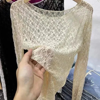 2025 Sexy and slightly transparent black lace shirt women long sleeved Spring and Autumn New slim fit inner layer with mesh