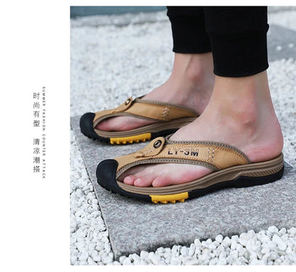 Genuine Cow Leather Shoes Men Sandals Mens Flip Flops Men's Casual Shoes Classic Massage Beach Slippers Anti-slip Summer 2025