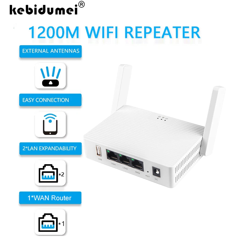 WiFi Repeater Dual Band 1200Mbps Router Dual Band 2.4G 5G Wireless Range Extender 4 Antennas Wifi Amplifier for Home Office