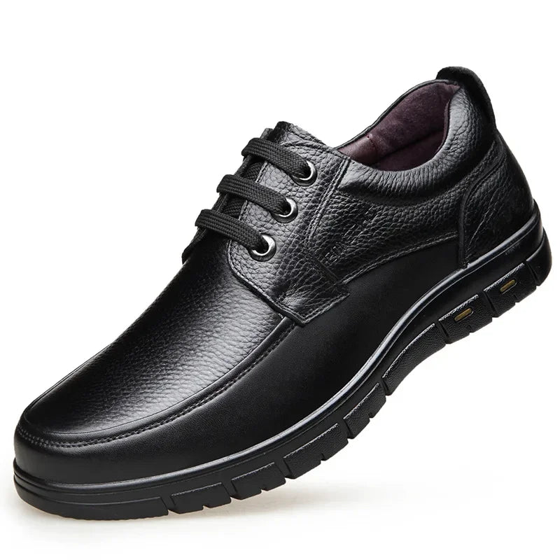 Autumn Men's Leather Shoes True Cowhide Flat Bottom Anti-Slip Plus Size Casual Elderly Father Shoes Rubber Sole China Made