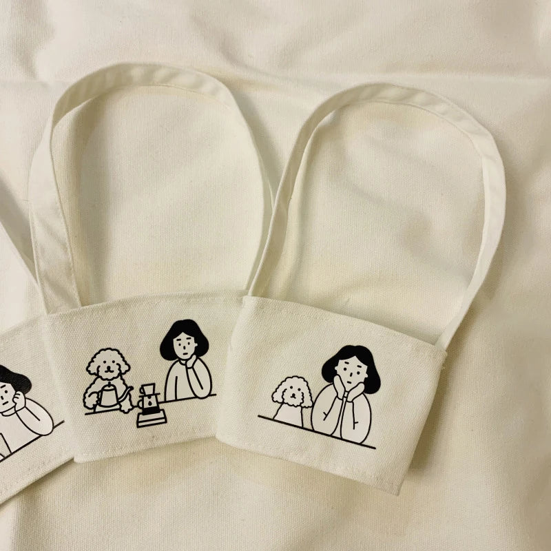 【Portable Water Bottle Holder Carry Bag Coffee Cup Storage Sleeve Cover Canvas Printing Milk Tea Set Drinking Bottle Strap】