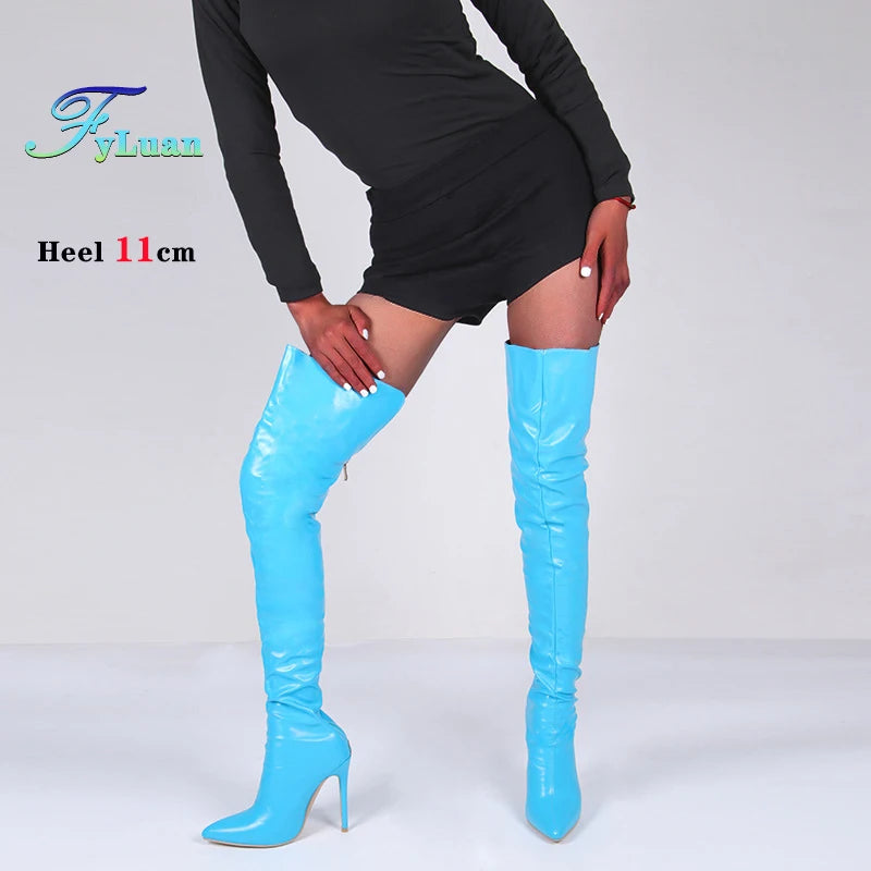 Size 34-48 White Boots For Woman Spring Autumn Stiletto Heels Back Zipper Pointed Toe Thigh Boots Over Knee T Show Shoes 11CM