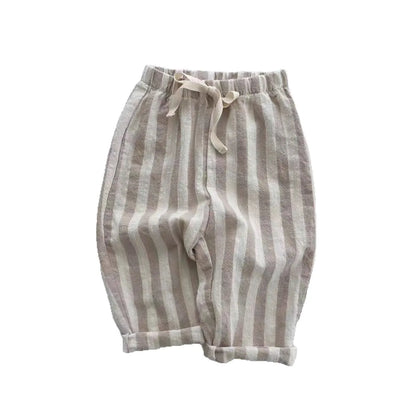 K230124 Unisex Baby Boys Girls Elastic Waist Striped Casual Pants Korean Style Infant Toddler Summer Trousers