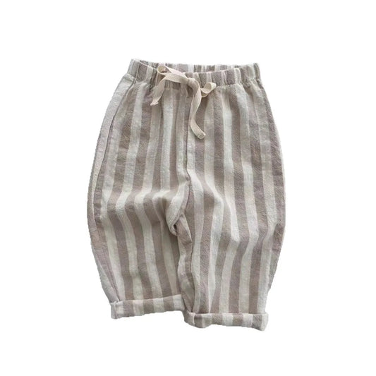 K230124 Unisex Baby Boys Girls Elastic Waist Striped Casual Pants Korean Style Infant Toddler Summer Trousers