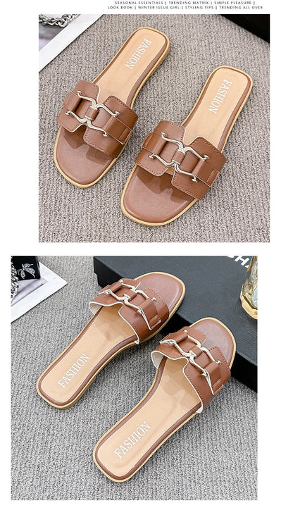 2024European and American Style Summer Fashion Out Flip-flops Flat Leisure Horse with Buckle Temperament One Line Slippers Woman