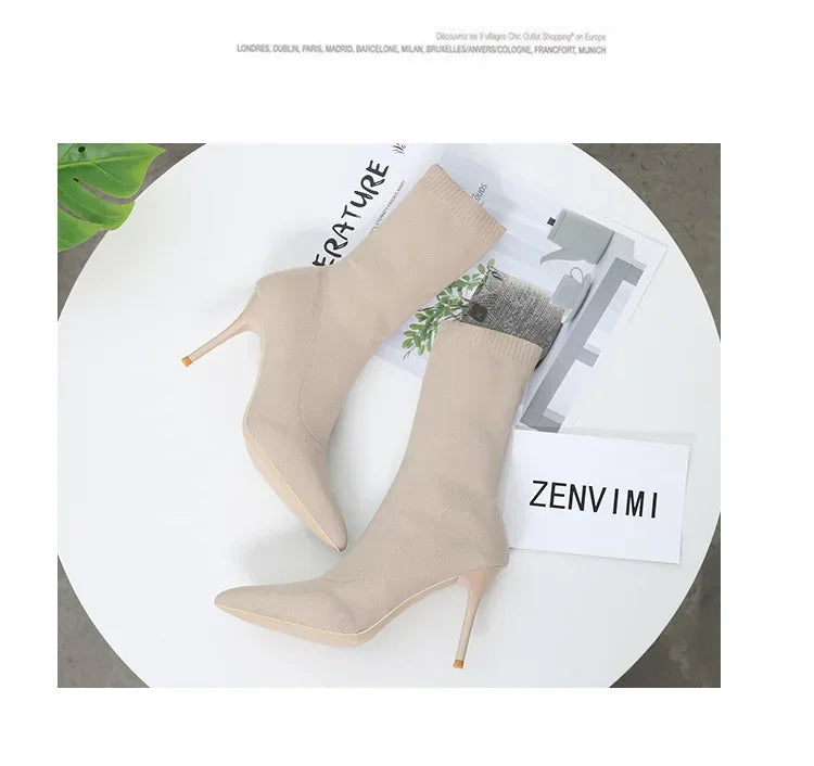 Comemore Knitting Stretch High Heels for Women Fashion Shoe 2025 Spring Autumn Ankle Boot Female Sexy Sock Boots Plus Size 34 42