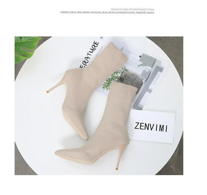 Comemore Knitting Stretch High Heels for Women Fashion Shoe 2025 Spring Autumn Ankle Boot Female Sexy Sock Boots Plus Size 34 42