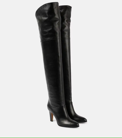 Autumn and Winter Women's Thick High-heeled Knee High Boots, Round Headed Cowhide Suede Fashionable Women's Plus Size Boots