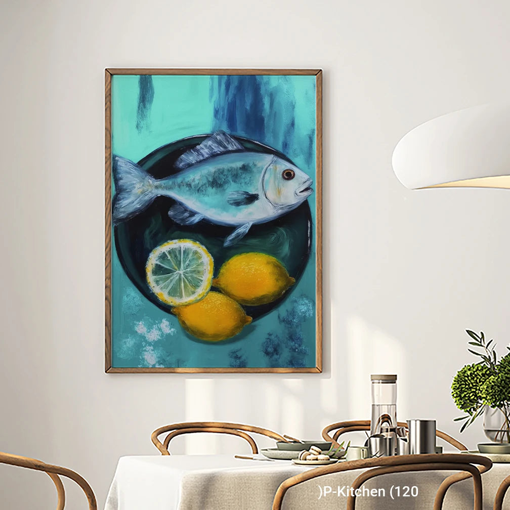 Kitchen Canvas Print Impressionist Lemon and Sardine Painting Modern Wood Frame Wall Decor