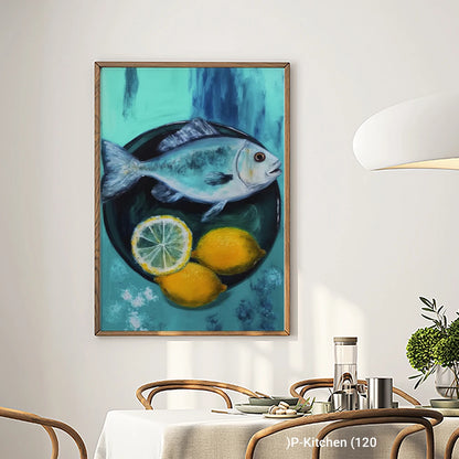 Kitchen Canvas Print Impressionist Lemon and Sardine Painting Modern Wood Frame Wall Decor