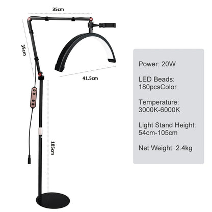 16 INCH LED Half Moon Lash Light Temperature 20W 3000K-6000K LED Ring Lamp for Beauty Facials Skincare Tattoo Eyebrows Filming