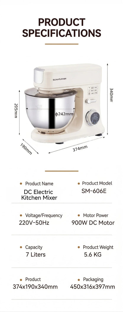 SUNATUR SM-606E 7L Stand Mixer 900W DC Quiet 11-Speed Timer, 304 Bowl Anti-Black Powder for Home & Commercial Baking