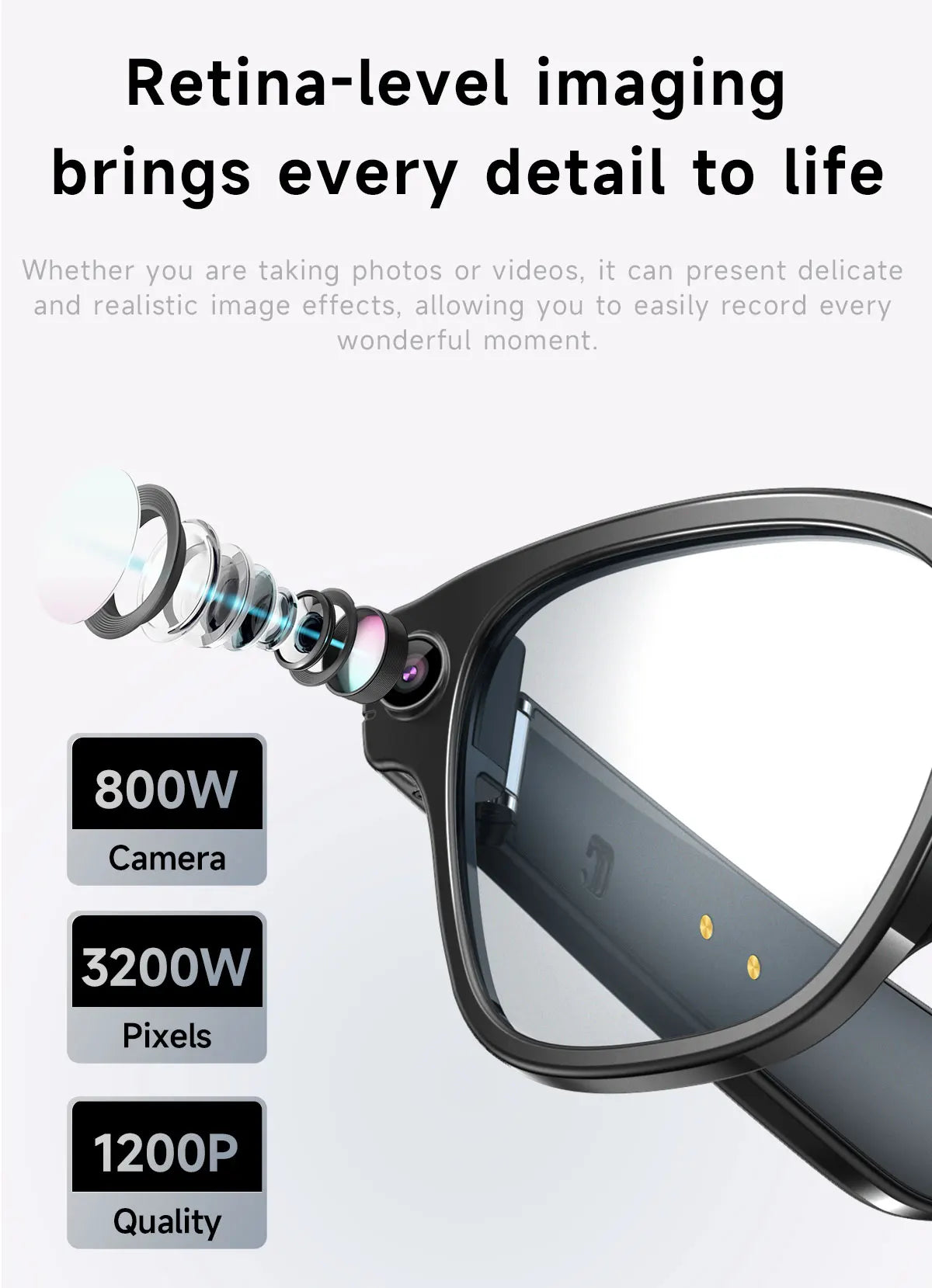 Lunettes vidéo intelligentes pour myopie, stabilisées, enregistrement vidéo, transmission Wi-Fi et Bluetooth, reconnaissance d'objets.