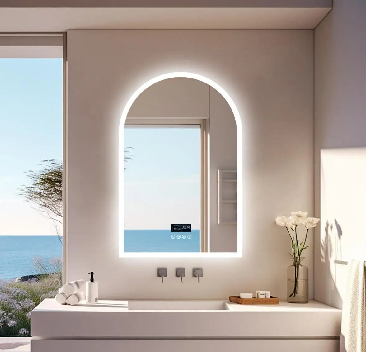 60x90CM Arched LED Mirror for Bathroom Backlight Wall Vanity Mirror w/ Bluetooth, Date and Time, Touch Antifog, Digital Display