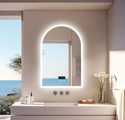 60x90CM Arched LED Mirror for Bathroom Backlight Wall Vanity Mirror w/ Bluetooth, Date and Time, Touch Antifog, Digital Display