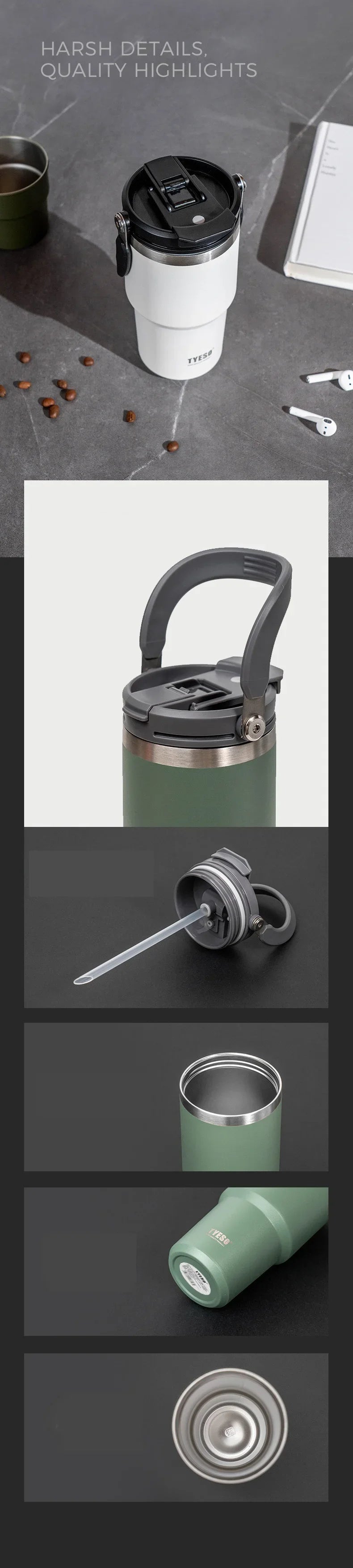 Tyeso Car Stainless Steel Insulated Cup 600/750/900ml Vacuum Thermal Cup with Straws and Handles Outdoor Portable Water Bottle