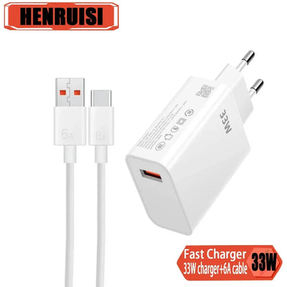 33W USB Fast Charging Charger with 6A Type C Cable Mobile Phone Adapter For iPhone 15 Xiaomi 14 Redmi 13 12 Samsung Wall Adapter