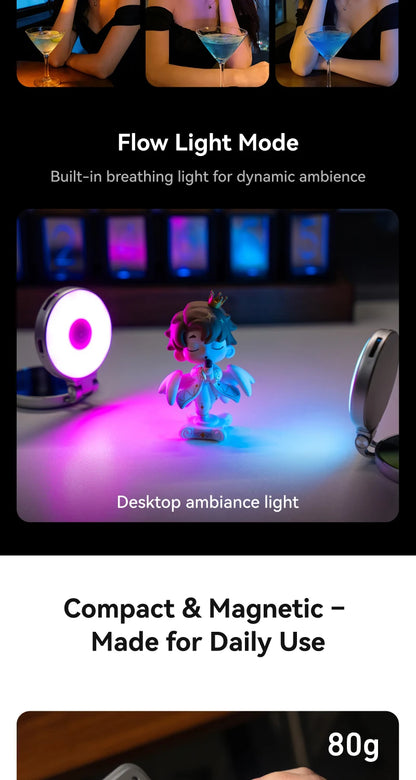 TELESIN Magnetic 360° Rotation RGB Fill Light Mini Selfie Light 3 Mode Adjustable Color Brightness for Smartphone Iphone Android