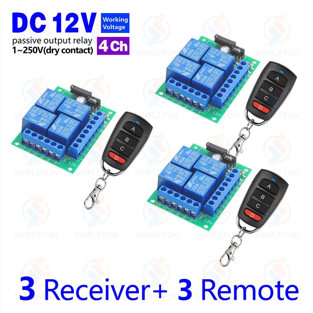 433Mhz Universal Wireless Remote Control Light Switch DC 12V 4CH RF Relay Receiver 60m Range for Light/Garage Door/LED DIY