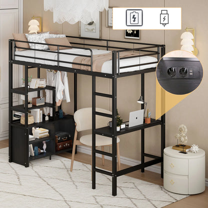 High bed 90 × 200 cm with crash protection, child bed with desk & USB, youth bed with shelves & open storage cabinet