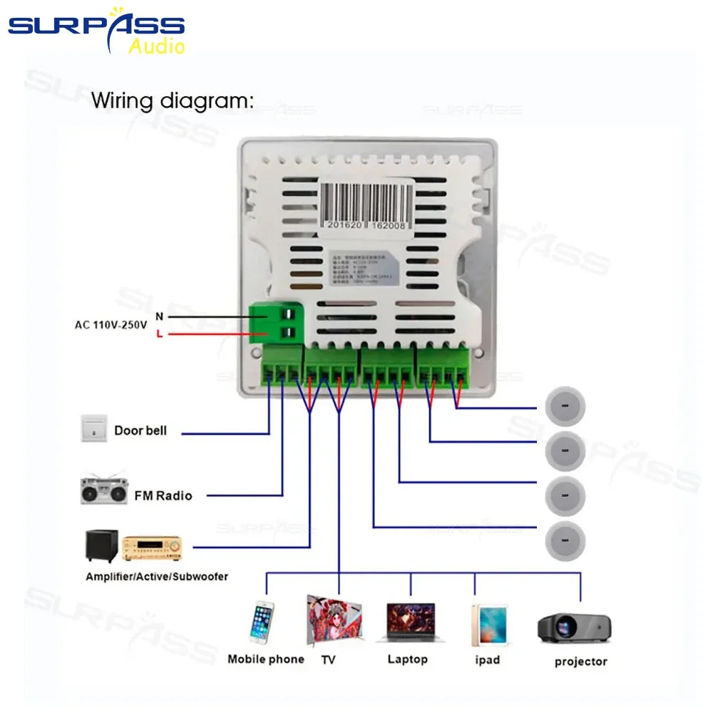 Bluetooth Wall Amplifier Smart Home Audio Mini Touch Screen 4*20W Stereo Sound Music PA System Loudspeaker Ceiling Speaker  suit